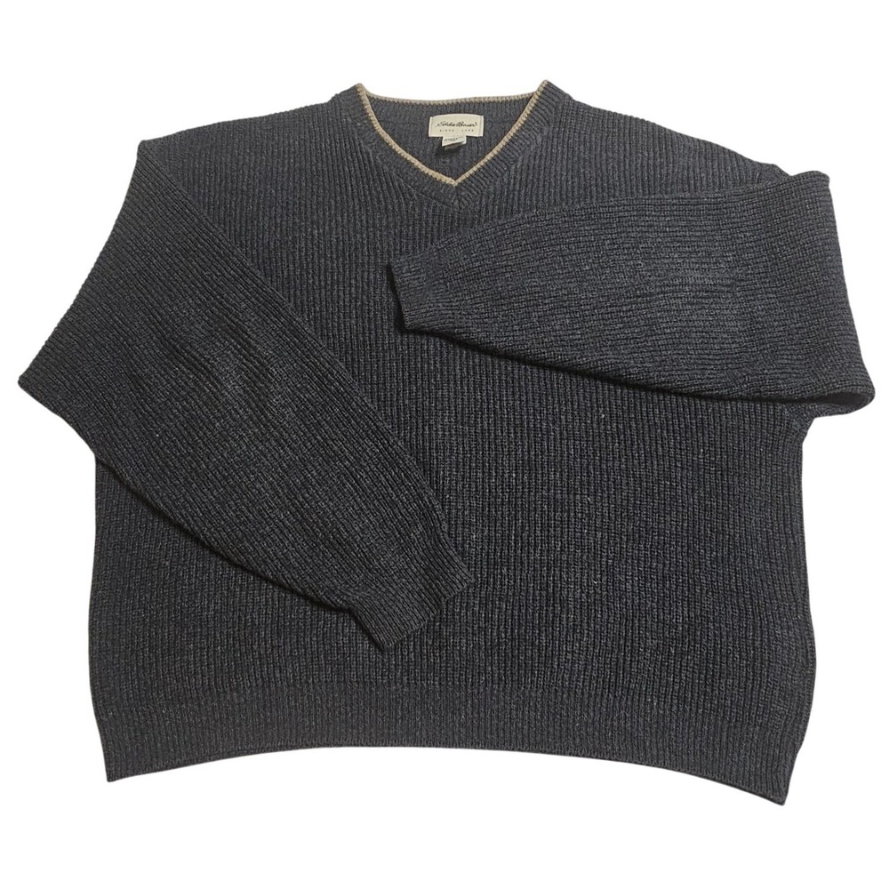 Eddie Bauer LS Sweater XL Blue w/Tan Trim Cotton‎ Blend